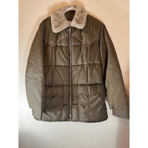 Vintage Men's Puffer Jacket Quilted Fur Collar Western Style Olive Green Size 44